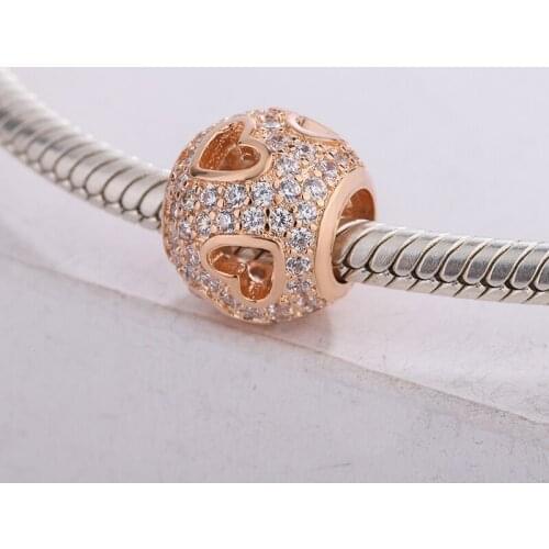 925 Sterling Silver Rose Gold Circle Depicts A Heart-Shaped CZ Transparent Zircon Surround Pendant Charm Bracelet DIY Jewelry