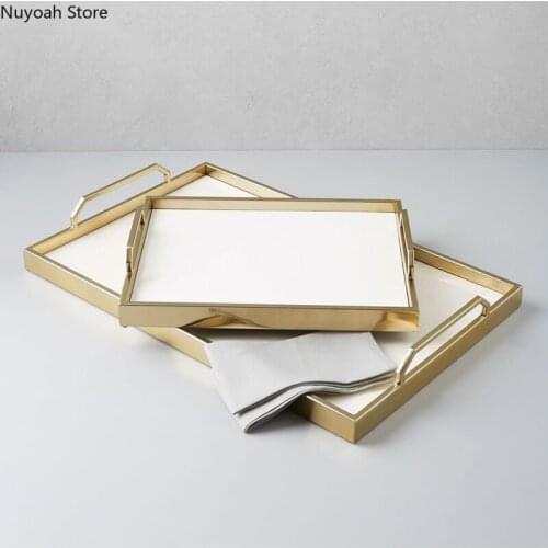 Household Light Luxury Rectangular Metal Wooden Tray Living Room Coffee Table Tray Storage Tray Home Decoration Accessories