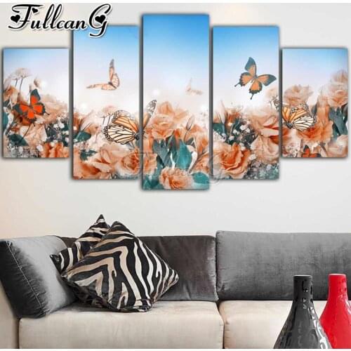 FULLCANG Butterfly flower 5 piece diy diamond painting large full square round mosaic embroidery multi-picture home decor FC3415