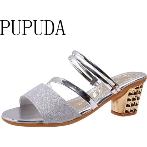 PUPUDA Classical One-Line Buckle Sandals Women Temperament High Heel Shoes Thick Heel Open Toe Sandals