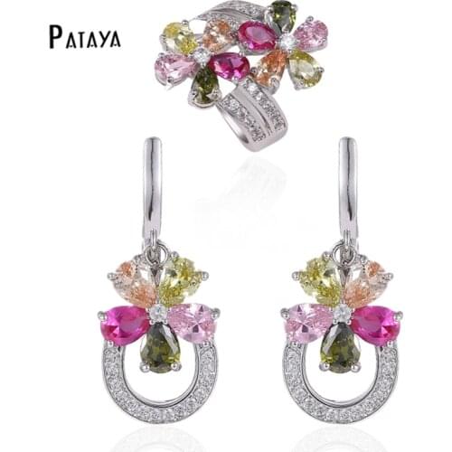 PATAYA Romantic Flowers Jewelry Sets Color Natural Zircon Ring Earrings Set True White Gold Women Wedding Decoration Fine Sets