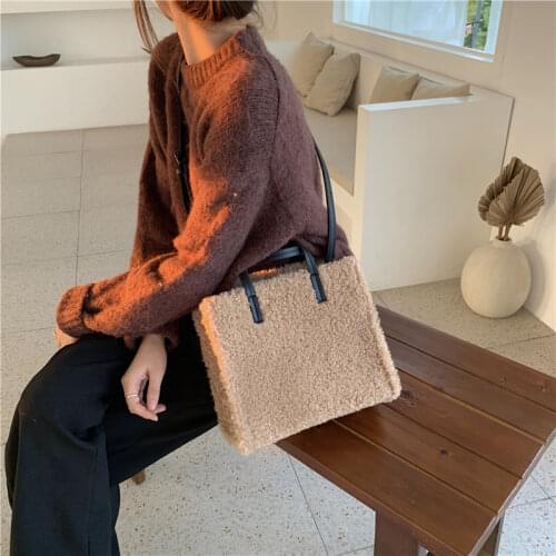 Fashion Furry Shoulder Bags for Women Vintage Faux Lamb Hair Ladies Tote Handbags Soft Plush Large Capacity Female Messenger Bag