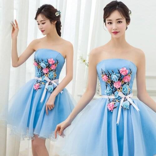 Sky blue short knee length sweat lady girl women princess bridesmaid banquet party performance dress gown