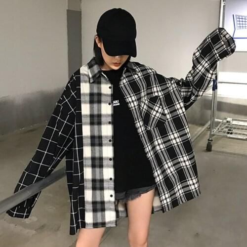 New Womens Loose Stripe Plaid Blouse Spring Autumn Long Sleeve Student Check Blouses Casual Vintage Lady Tops Shirt Black Tops