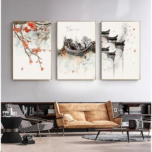 Ancient Building Temple Orange Peach Blossom Poster For The Wall Chinese Style Canvas Painting Art Picture For Living Room