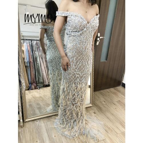 Stunning Off Shoulder Sweetheart Neck Formal Women Dress MYMB Silver Nude Beading Feather Evening Party Dress MY21115