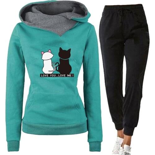 Casual Sets Autumn Womens Cute Cat Printed Hoodies + Pants Two-Piece Tracksuit Trendy Sportswear Set Femle