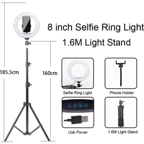 8 Inch Dimmable LED Selfie Ring Light with Stand 160cm USB Lamp Photography Ringlight for Phone Studio Desktop