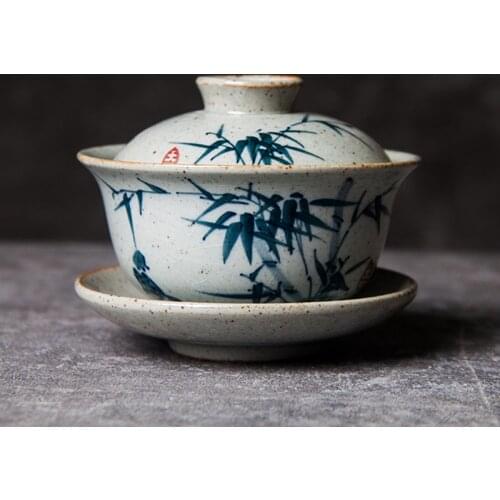 Hand Painted Bamboo Gaiwan For Tea Pottery Tureen With Lid Vintage Teaware Kung Fu Tea Set Birds Chinese Cup Bowls 120 ml Chawan