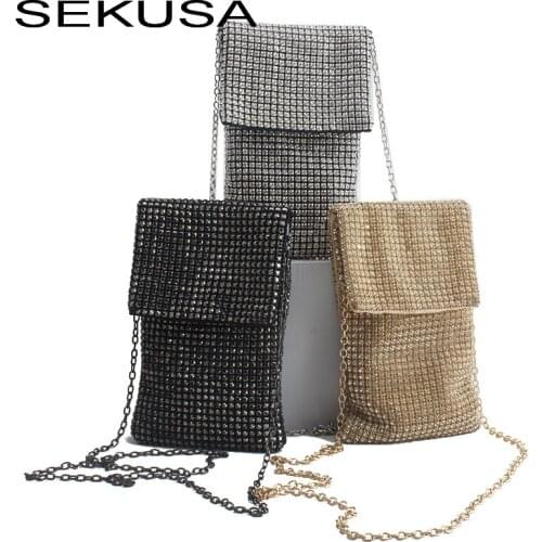 SEKUSA Phone case purse diamonds luxury new rhinestones evening bags with chain shouler messenger handbags