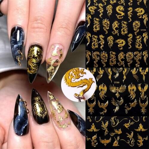 3D Nail Art Stickers Gold Dragon Colorful Phoenixs Stickers Self Adhesive Slider Nails Decals Nail Art Decoration Chinese Style