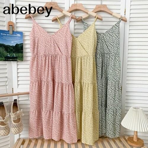 Vintage V-neck sleeveless off shoulder Dress high waist pleated Ruffles patchwork floral A-line strap Dress 2021 New Summer