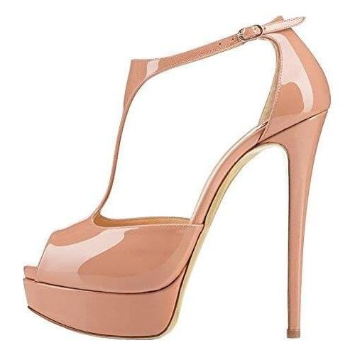 Moraima Snc Sexy Peep Toe Platform Pumps Patent Leather T-strap High Heel Shoes Woman Cutouts Super High Dress Heels Nude Yellow