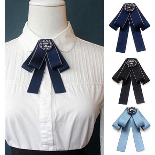 Ribbon Bow Tie Brooches for Women Crystal Streamer Collar Pin Female Shirt Blouse Suit Bowknot Tie Clothing Outfit Accessories