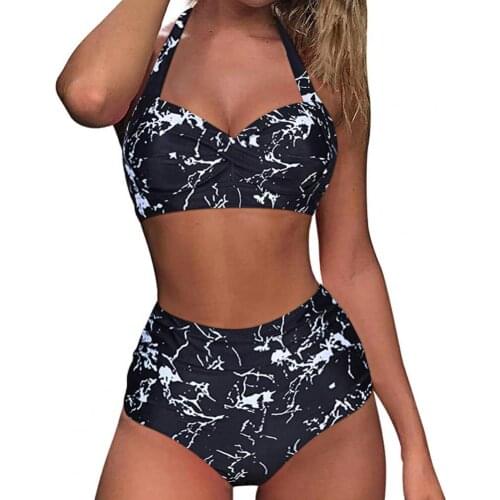 Push Up Halter High Waist Printing Pleated Front Women Two Piece Swimsuit Bikini Set Female Bathing Suit 2021 Mujer Beachwear