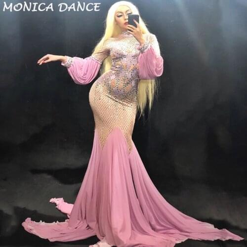 Women Sexy Stage Pink Long Dress Sparkling Crystals Nightclub Party Celebrate Performance Dancer Singer Stage Wear Bling Costume