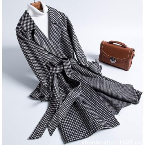Ladies' autumn and winter woolen garland tartan coat female long section double-faced woolen coat female