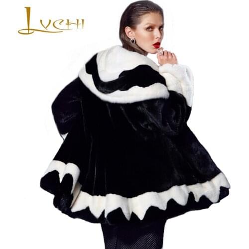 LVCHI Winter fur Mink Outerwear for women sexy turn-down collar desgin wave cut feminine coat the newest solid Fur coat mink