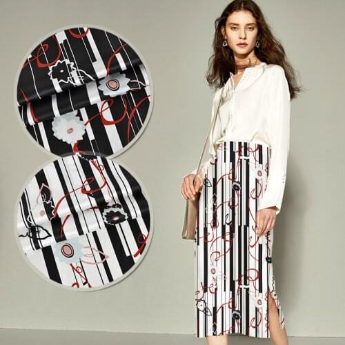 135CM Wide 19MM Stripes Print Stretch Black White Silk Satin Fabric Good for Summer Dress Skirt Shirt Pants JH153