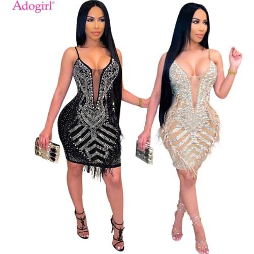 Adogirl Crystal Diamonds Pearls Feather Sheer Mesh Patchwork Spaghetti Straps Mini Dress Women Fashion Bodycon Club Party Wear