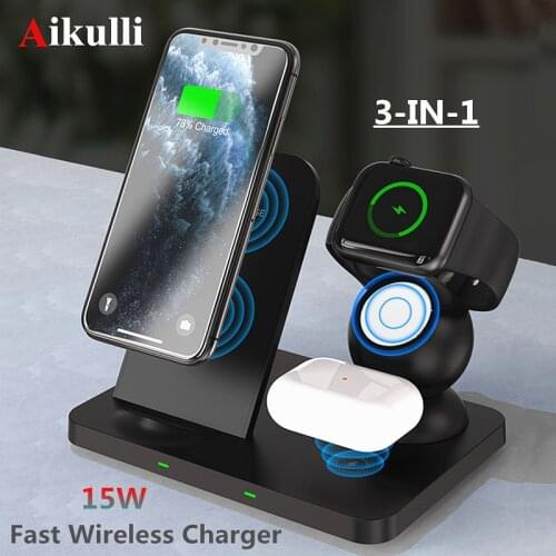 Aikulli 3 in 1 Wireless Charger Stand 15W Fast Charging for iPhone 12 11 8 X XS XR for Apple Watch 6 5 4 3 AirPods 2 Pro Charger