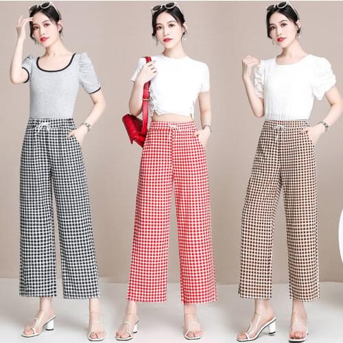 High Waist Draped Ice Silk Wide-leg Pants Womens Thin Section Korean Black /red /white Plaid Pants Casual Trousers Women Y866
