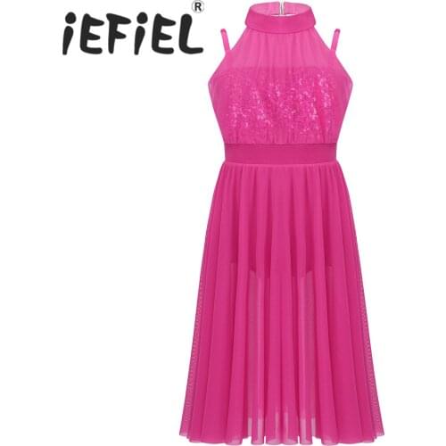 Kids Girls Dancewear Sleeveless Mock Neck Sequined Leotard Tulle Dress for Lyrical Ballet Modern Contemporary Ballroom Dance