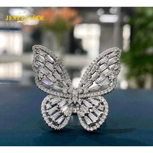 Jewepisode Classic Luxury Butterfly Design Simulated Moissanite Diamond Solid Silver 925 Jewelry Rings for Women Wedding Bands