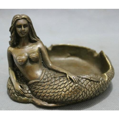 Chinese Bronze Copper Folk Myth Belle Mermaid Sea-maid Fish Statue Ashtray