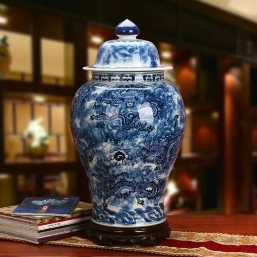 Chinese Style Hand Painted Blue and White Dragon Porcelain Large Decoration Ginger Jar