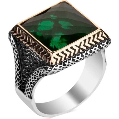 Faceted Square Green Zircon Gemstone Ring Vintage Turkish Jewelery Handcarved Men Accessories Modern Luxury Silver Ring