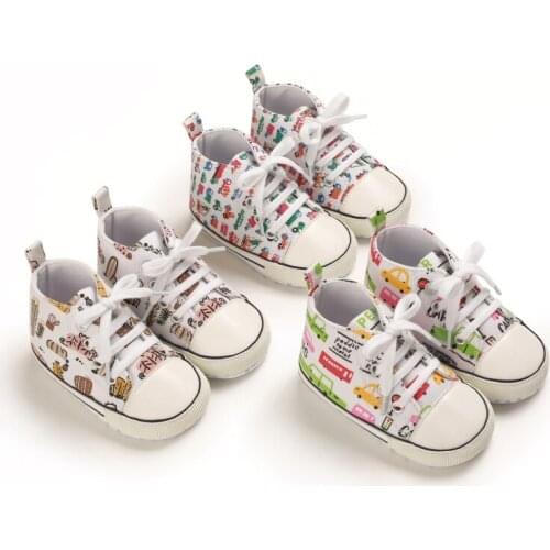 FOCUSNORM 0-18M Newborn Baby Girls Boys Causal Shoes Pattern Printed High Top Sneakers Anti-Slip Soft Sole Tie-up Shoes