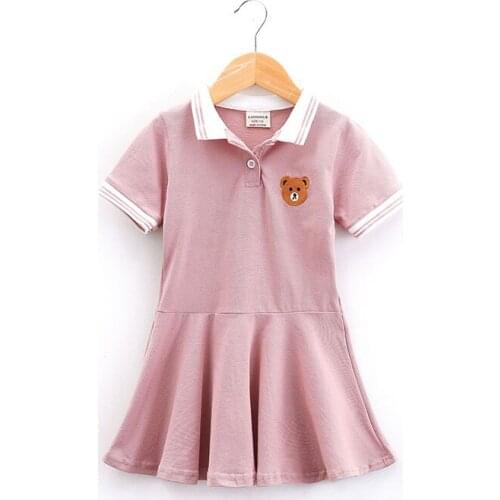 Little Girls Polo Dresses Turn Down Collar Short Sleeve Summer Cotton Dress Pink Red White Baby Kids Bear Appliques Clothes