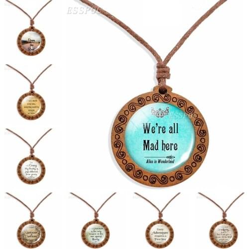 We're All Mad Here - Alice Life Quote Jewelry Glass Cabochon Wooden Brown Rope Chain Necklace