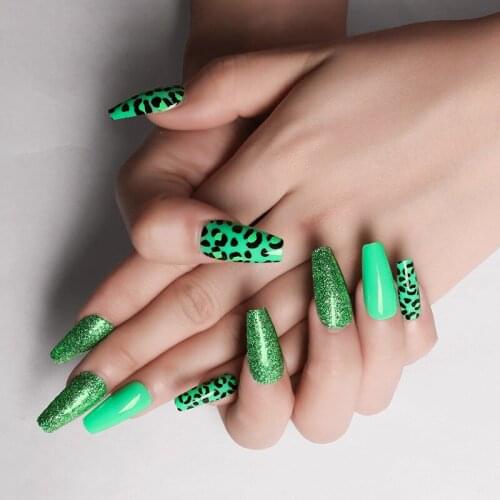 Manicure Kit 24PCS Set Ballerina Nail Jelly Gel Full Cover Acrylic Coffin Long Fake Press On Nails With Designs Leopard Print