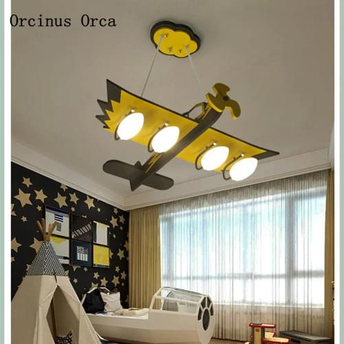 New cartoon creative yellow airplane chandelier boy bedroom childrens room lamp Nordic personalized wing fighter pendant lamp