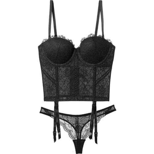 New Black Bodysuit For Women Sleeveless Underwire Push Up Sexy Lace Corset Bustier Crop Top Bra And Thong Sets Shapewear White