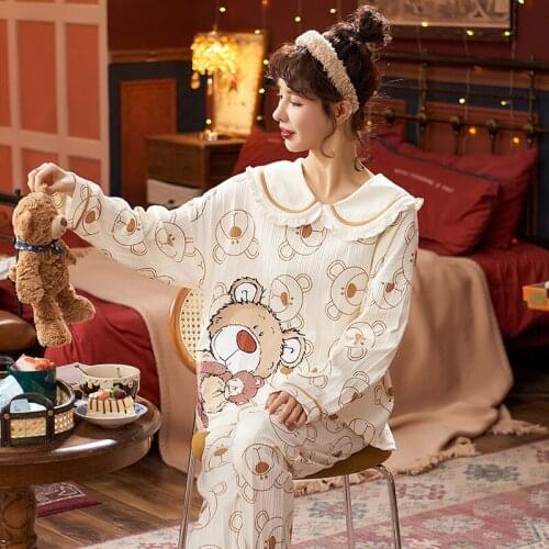 Pajamas for Woman Warm Winter Cotton White Doll Collar Kawaii Long Sleeve Women Sleepwear Set Girls Cute Cartoon Bears Sleepwear