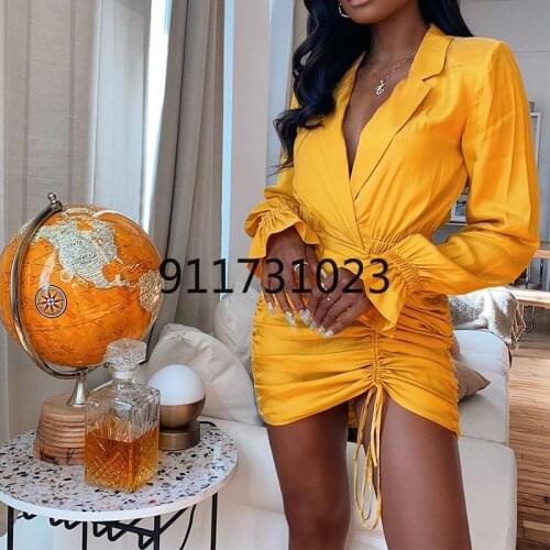 Sexy Bag Hip Pleated Drawstring Bodycon Dress Women Long Sleeve Night Club Party Bandage Mini Dress Yellow Black Clothes Vestido