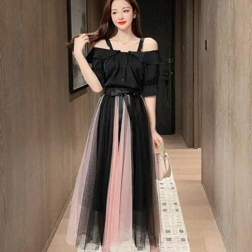 Casual Plus Size Tulle Skirt Women+short Sleeve Buttoned Shirt Two-piece Suit Fashion Long Pleated Mesh Skirts New A-line Skirt