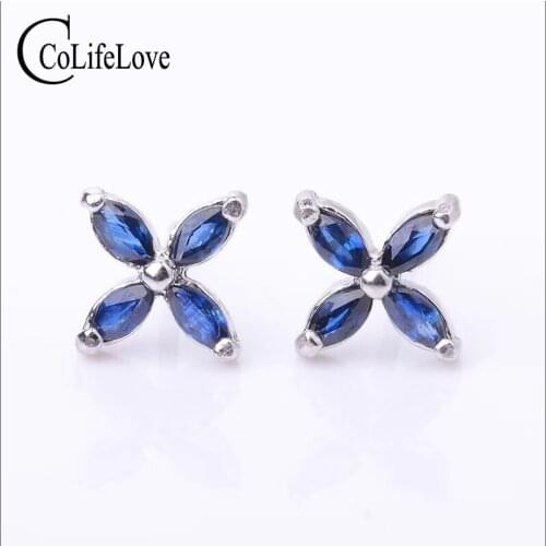 Fashion sapphire stud earrings for party 2 mm * 4 mm natural sapphire silver earrings classic 925 silver sapphire fine jewelry