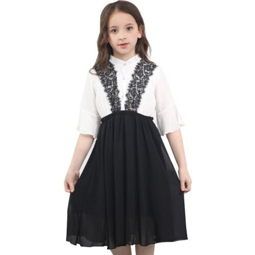 Big girl Chiffon dress European and American Teen girls black loose dress girl school princess costume childrens Clothing 5-16Y