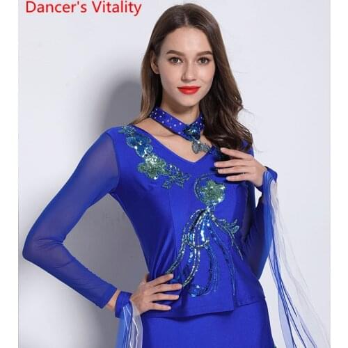 Modern Dance Wear Adult Women V Neck Stretch Sequin Long Sleeve Top Ballroom National Standard Waltz Jazz Dancing Practice Cloth