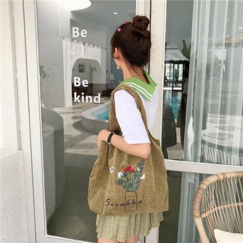 Hylhexyr Corduroy Shoulder Bag Vase Embroidery Schoolbag Woman Casual Handbag Cloth Bags Tote Daily Purses