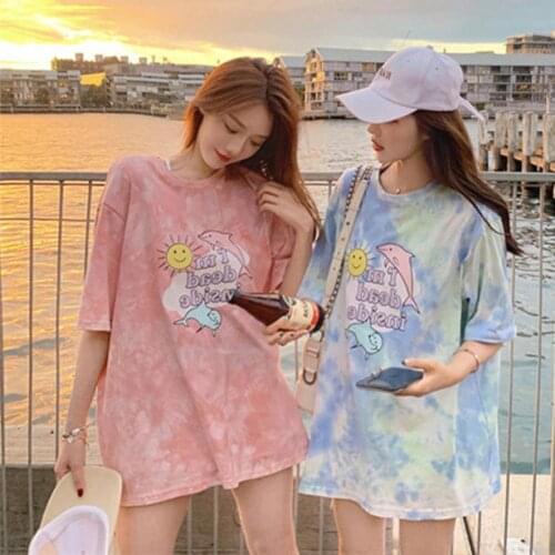 Women Fashion T-shirt O Neck Short Sleeve Tie Dye Flower Print Loose Blouse Top