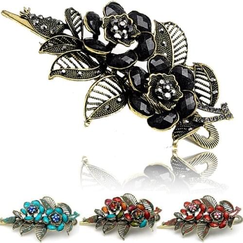 Classic Vintage Crystal Flower Hair Pins Barrettes Resin Flower Hair Clip Cute Retro Hairpin Headwear Women Hair Accessories
