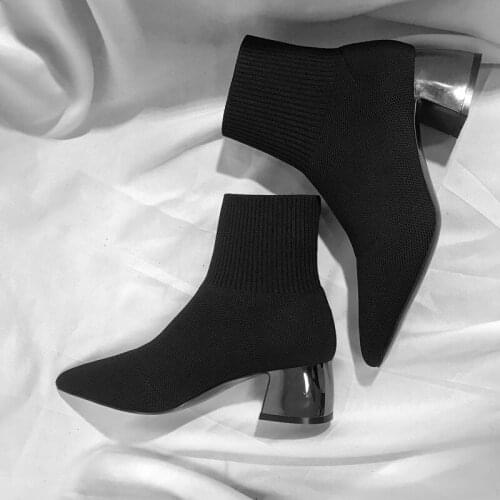 Maogu Autumn Winter Womens Knit Elastic Socks Boots Pointed Toe Chunky Heel Boots Black Fashion Ankle Chelsea Boots Shoes
