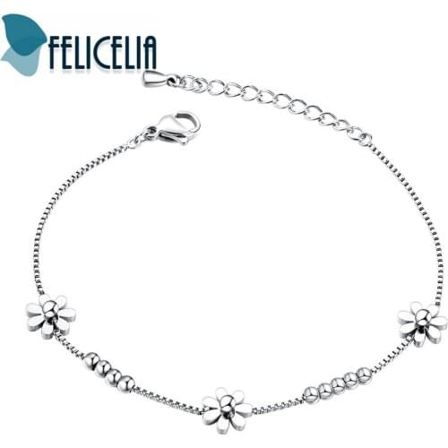 Felicelia Elegant Silver/ Rose Gold Color Stainless Steel Cute Beads Flowers Bracelet for Women Mothers Day Gift
