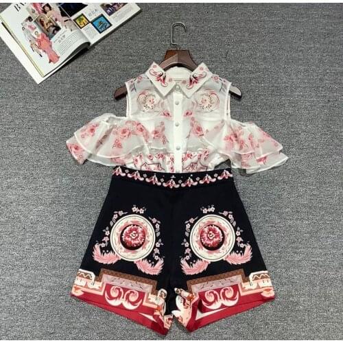 Summer 2 pieces suits off shoulder ruffles chiffon blouse shirt women tops + printed shorts set Women two piece set tracksuit