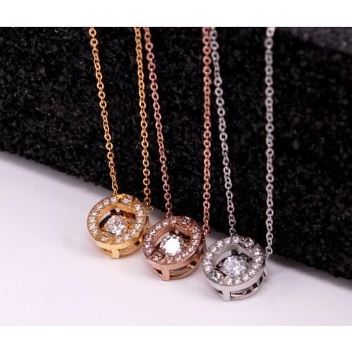 Stainless Steel Love move Crystal CZ Zircon Round Beating Heart Pendant Necklaces Rose Gold Color Women Female Lady Party Gift